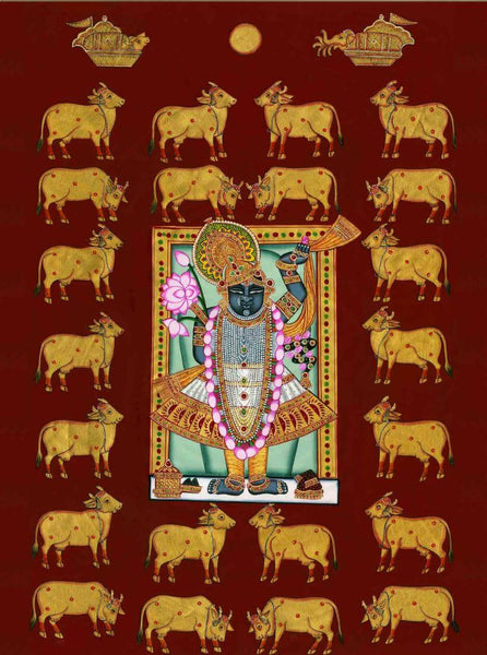 Shrinathji  With Cows - Indian Krishna Pichwai Art Painting - Large Art Prints