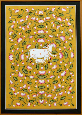 Shrinathji's Cow With Calf - Krishna Pichwai Art Painting - Posters