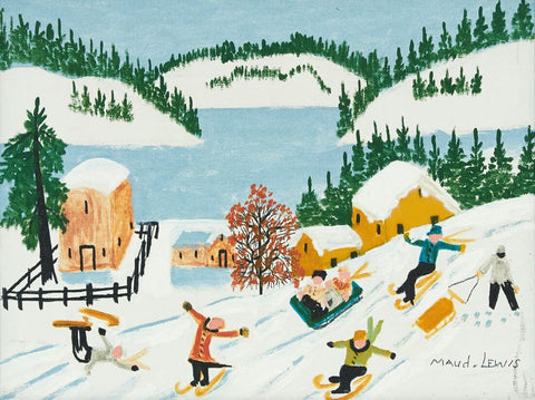Skiing and Sleddging - Maud Lewis - Folk Art Painting by Maud Lewis