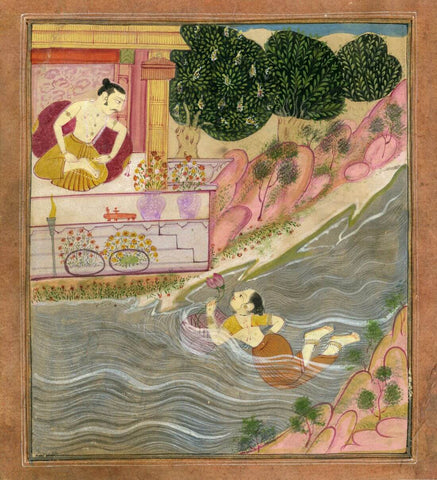 Sohni Swimming Across The River To Meet Her Lover Mahiwal - C. 1880- Vintage Indian Miniature Art Painting by Miniature Vintage
