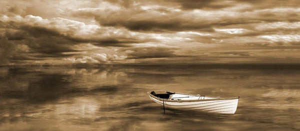 Solitude - Calm Ocean With Boat in Sepia - Large Art Prints
