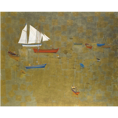 Boats On Golden Waters (Boote Auf Goldenem Wasser) - Spyros Vassiliou - Cubism and Impressionist Painting by Spyros Vassiliou