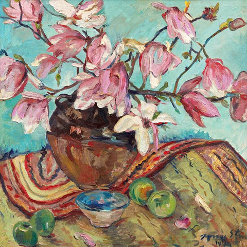 Still Life With Magnolias, Apples And Bowl - Irma Stern - Floral Painting - Art Prints