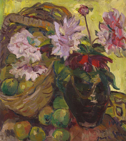 Still Life Of Dahlias In A Vase With A Basket Of Apples - Irma Stern - Floral Painting - Large Art Prints by Irma Stern