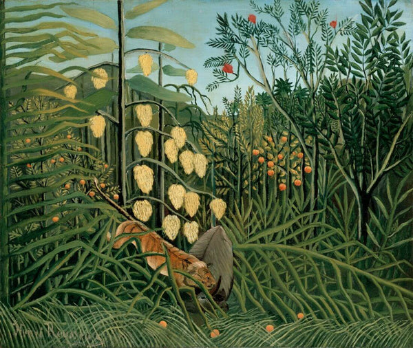 Struggle Between Tiger And Bull In A Tropical Forest - Henri Rousseau Painting - Life Size Posters