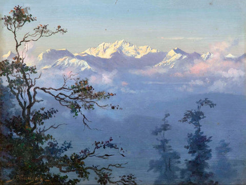 Sunset Kanchenjunga - Jamini Prakash Ganguly - Bengal School Indian Art Painting by Jamini Prakash Gangooly