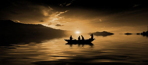 Sunset in Calm Waters With Fishermen In Boat - Sepia by Alain