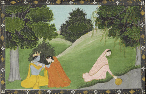 Krishna and Radha with a Friend by the River by Mahesh