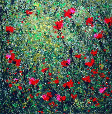 Red Flowers - Modern Art Floral Painting by Sam Mitchell