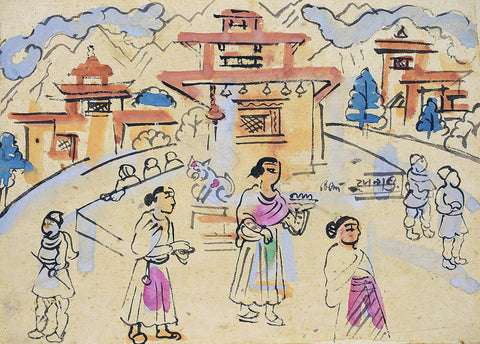 Temple - Benode Behari Mukherjee - Bengal School Indian Painting by Benode Behari Mukherjee