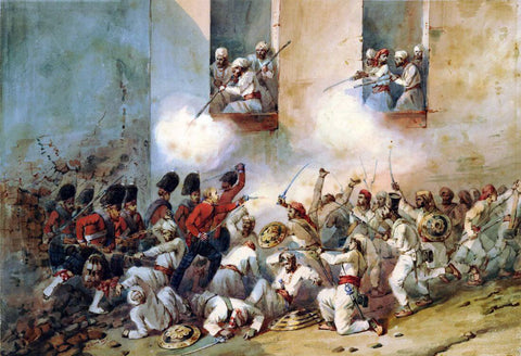 The 78th Highlanders at the taking of Sucunderabagh, Siege of Lucknow - Orlando Norie - c1857 Vintage Orientalist Paintings of India by Orlando Norie