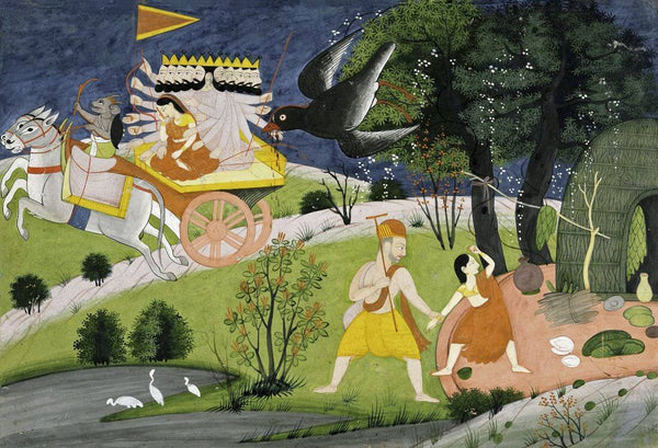 The Abduction By Ravana And Jatayu Trying To Save Sita - Chamba style 18th century - Vintage Indian Art Ramayana Painting - Framed Prints