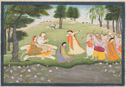 The Gods Sing And Dance For Shiva And Parvati - C. 1780-1790- Vintage Indian Miniature Art Painting by Miniature Vintage