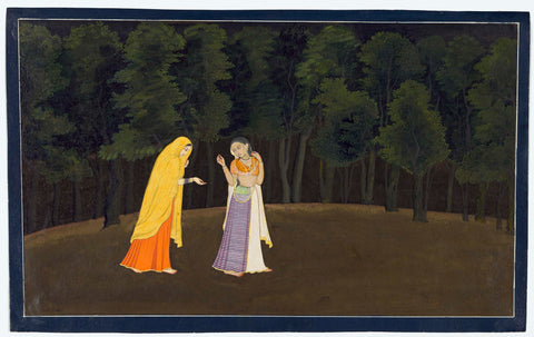 The Timid Radha Is Led Towards Her First Tryst With Krishna - C.1775–80 - Vintage Indian Miniature Art Painting by Miniature Vintage