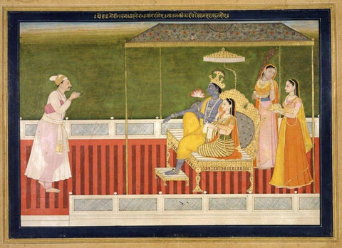 A Bihari Offers Homage to Radha and Krishna - Guler School c1763 - Vintage Indian Miniature Art Painting - Canvas Prints by Krishna Artworks