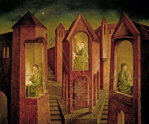 Three Destinations (Tres Destinos) - Remedios Varo - Surrealist Painting by Remedios Varo