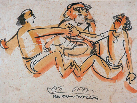 Three Figues - Benode Behari Mukherjee - Bengal School Indian Painting by Benode Behari Mukherjee