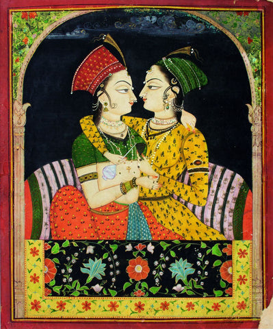 Two Ladies Embracing At A Jharoka  - C.1820-30- Vintage Indian Miniature Art Painting by Miniature Vintage