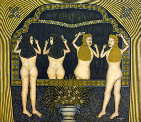 Two Women In Front Of A Mirror - Morris Hirshfield - Modern Primitive Art Painting - Posters