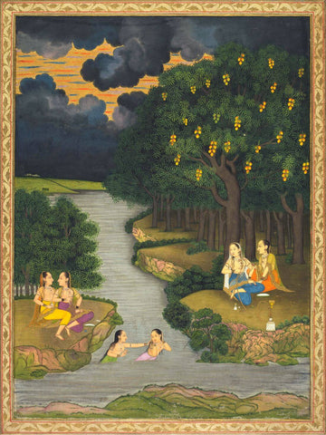 Under The Mango Trees At The Forest’s Edge (In the Style of Hunhar II) - Lucknow - Vintage Indian Miniature Painting c1765 - Large Art Prints by Miniature Art