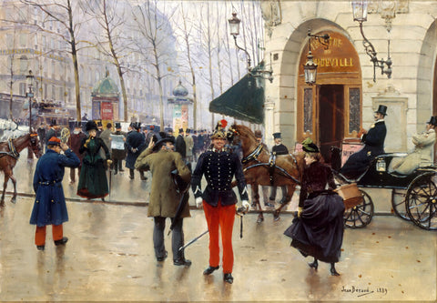 Vaudeville theater (Le théâtre du Vaudeville) - Jean Béraud Painting by Jean Béraud