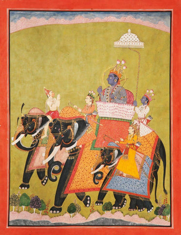 Vintage Indian Art - Lord Rama And Lakshmana Riding An Elephant - Framed Prints by Kritanta Vala