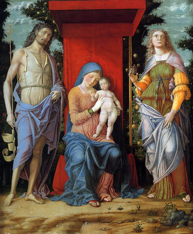 The Virgin and Child With St John The Baptist And Magdalene (La Vergine Col Bambino, San Giovanni Battista e Maddalena) – Andrea Mantegna – Christian Art Painting by Christian Artworks