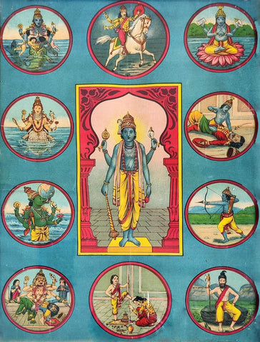 Vishnu DasAvatar - Raja Ravi Varma Press Vintage Printed Lithograph Poster - Large Art Prints