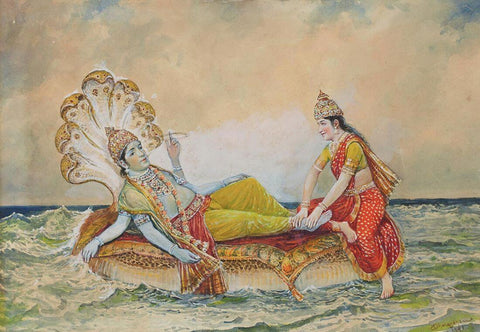 Vishnu And Lakshmi On Sesha - M V Dhurandhar - Framed Prints by M. V. Dhurandhar