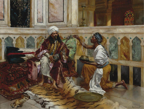 Waterpipe Smoker (Der Wasserpfeifenraucher) - Rudolph Ernst - Orientalist Art Painting by Rudolf Ernst