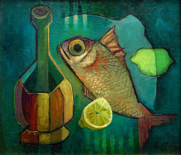Wine Bottle And Fish - Louis Toffoli - Contemporary Art Painting - Art Prints