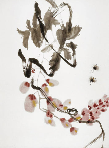 Wisteria And Bees - VI - Qi Baishi - Modern Gongbi Chinese Floral Painting by Qi Baishi