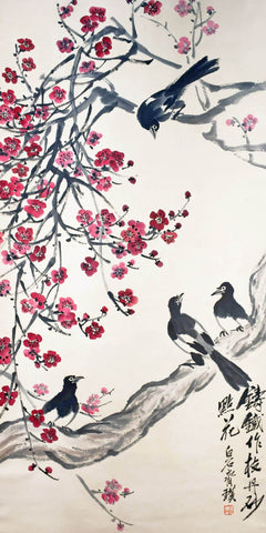 Wisteria And Magpies - Qi Baishi - Modern Gongbi Chinese Floral Painting by Qi Baishi