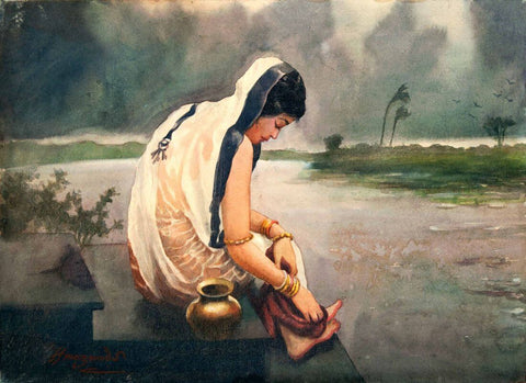 Woman Bathing In A River - Hemendranath Mazumdar - Indian Masters Painting by Hemen Mazumdar