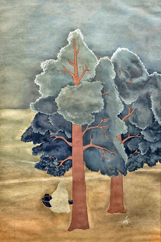 Woman In Landscape - Nandalal Bose - Bengal School Indian Art Painting by Nandalal Bose