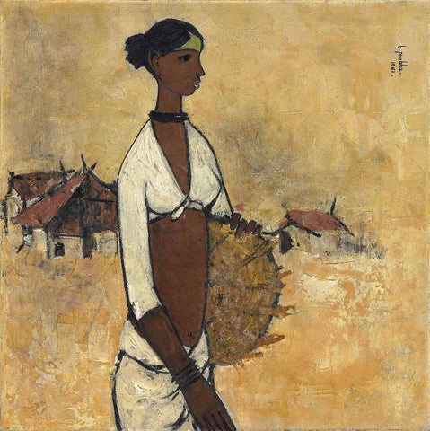 Woman With Basket - B Prabha - Indian Painting by B. Prabha