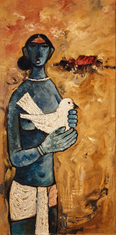Woman With Dove - B Prabha - Indian Art Painting - Framed Prints