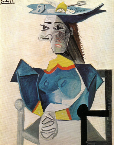 Pablo Picasso - Femme Assise Au Chapeau-Poisson -Woman in a Fish Hat - Life Size Posters by Pablo Picasso