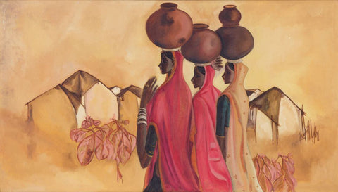 Women Carrying Water Pots - B Prabha - Indian Painting by B. Prabha