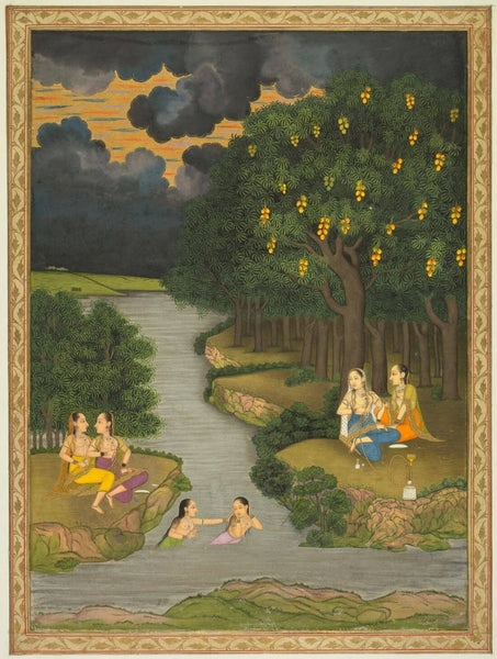Women Enjoying The River At The Forests Edge - C.1765 - Vintage Indian Miniature Art Painting - Art Prints