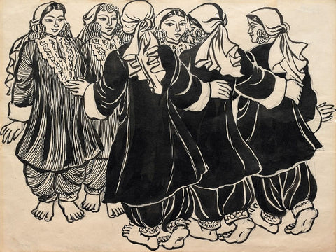 Women From Kashmir - Chittaprosad Bhattacharya - Bengal School Art - Indian Linocut Painting by Chittaprosad Bhattacharya