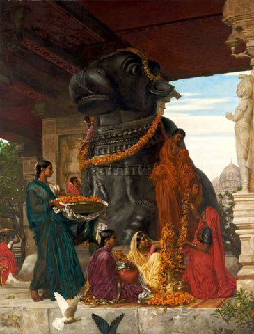 Women Of Sivawara Preparing The Sacred Bull Nandi At Tanjore - Valentine Cameron Prinsep - Orientalist Painting of India by Valentine Cameron Prinsep