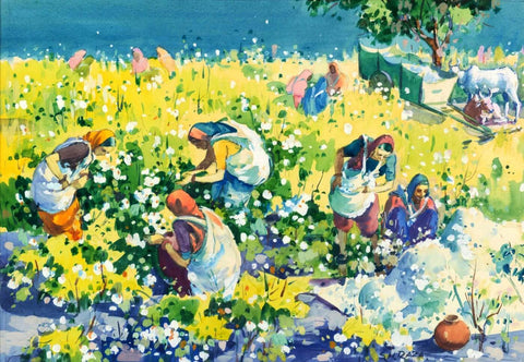 Women Picking Cotton - Water Colour - Canvas Prints
