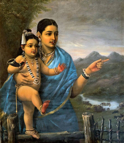 Yashoda Pointing Out To Balakrishna His Cows - Raja Ravi Varma - Indian Krishna Painting by Raja Ravi Varma