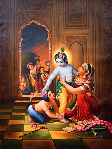 Yashodha Adorns Young Krishna - Indian Painting by Jai