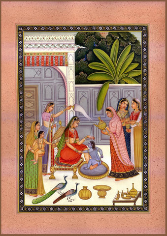 Yashodha Gives Young Krishna a Bath - Indian Vintage Miniature Painting by Jai