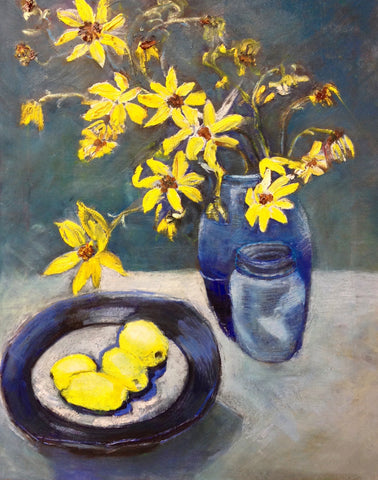 Still Life Yellow Flowers And Lemons - Canvas Prints by Sina Irani