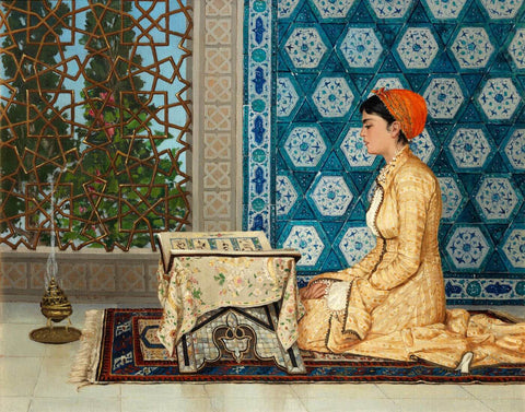 Young Woman Reading the Quran - Osman Hamdi Bey - Orientalist Painting - Art Prints by Osman Hamdi Bey
