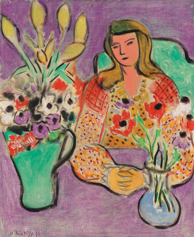 Young Woman with Anemones on Purple Background (Jeune fille aux anemones sur fond violet) – Henri Matisse Painting by Henri Matisse
