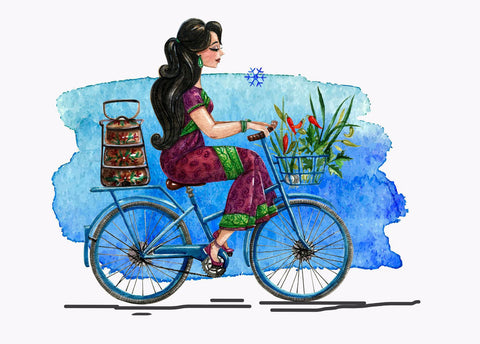 Young Indian Girl With Tiffin On Her Cycle - Canvas Prints by Sina Irani